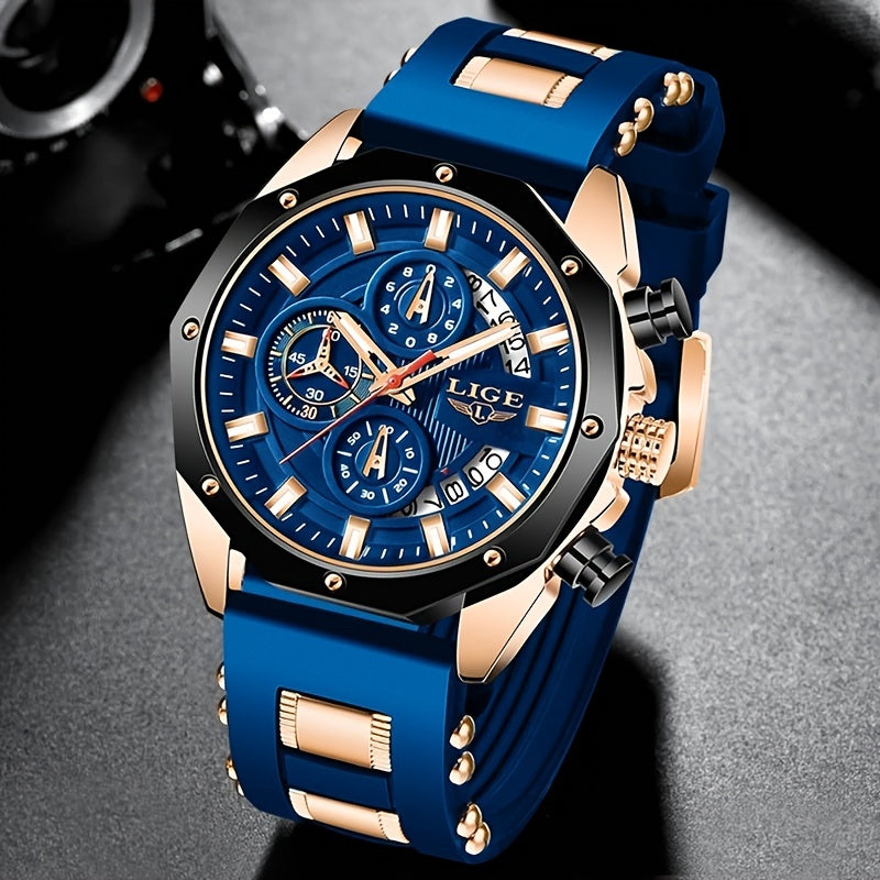 LIGE Mens Watches With Silicone Strap Sport Chronograph Quartz Watch