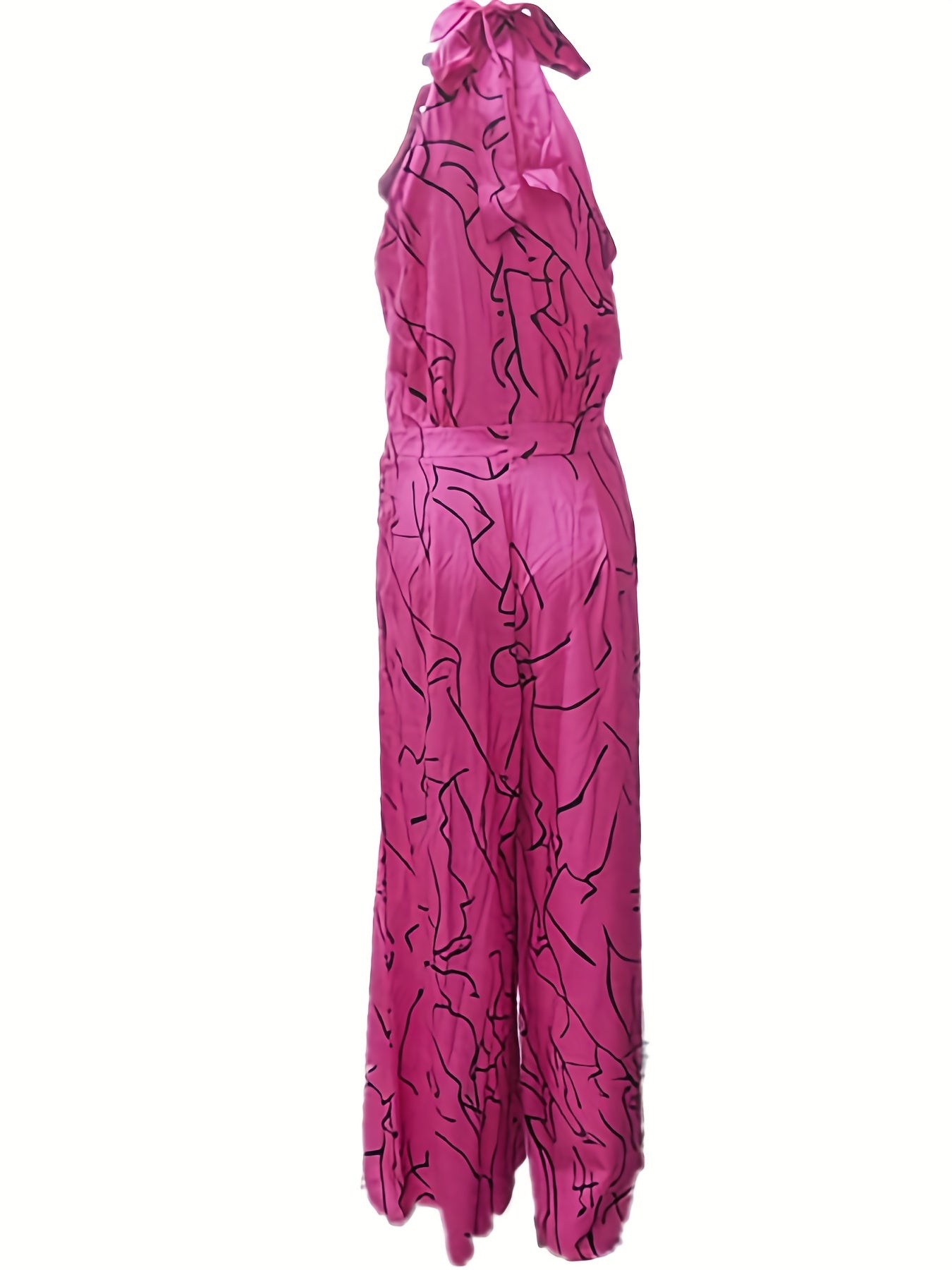 Elegant Waist Halter Jumpsuit, Casual Print Tie Sleeveless Waist Summer Wide Leg Long Pant Jumpsuit, Women's Clothing