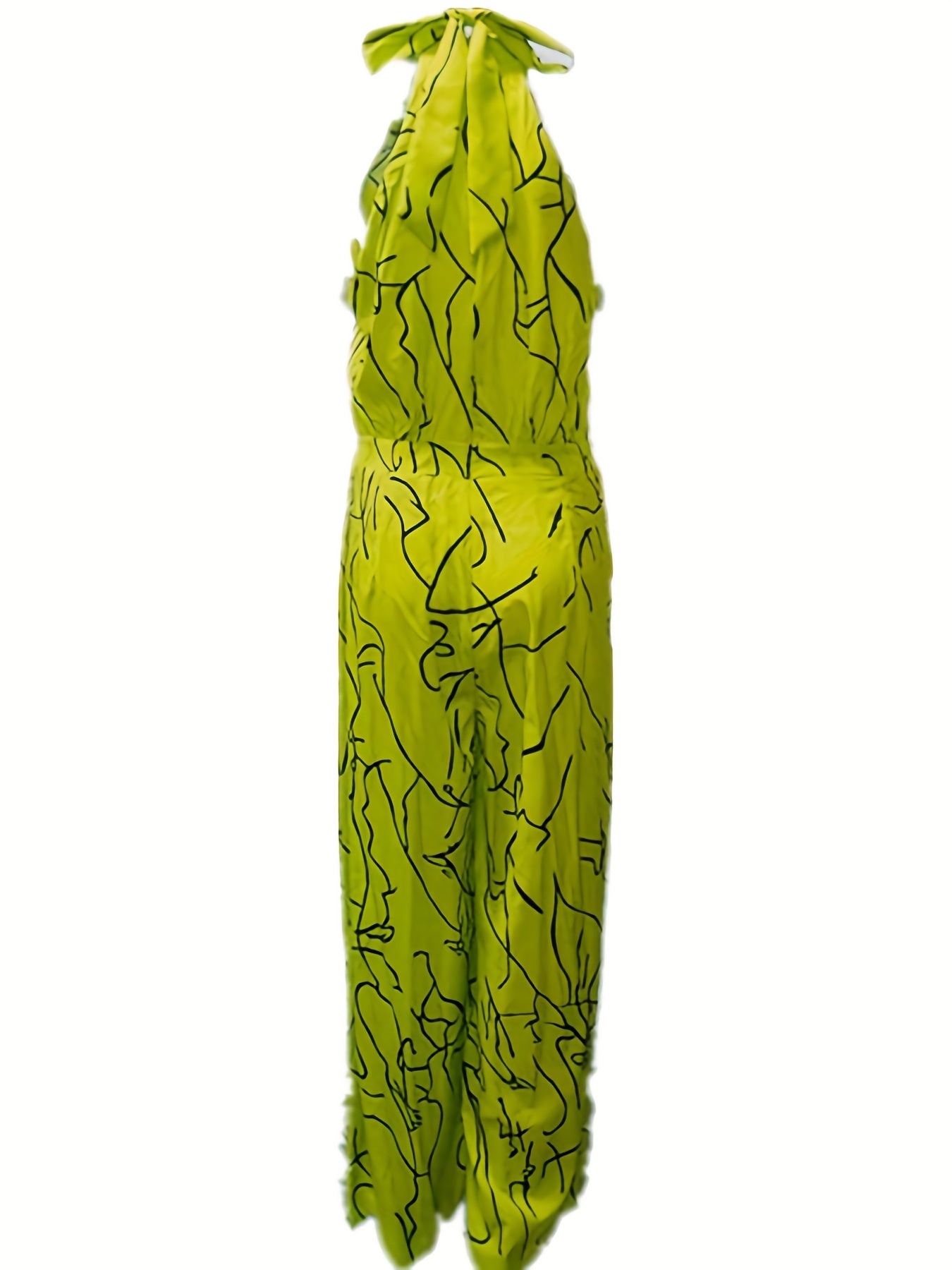 Elegant Waist Halter Jumpsuit, Casual Print Tie Sleeveless Waist Summer Wide Leg Long Pant Jumpsuit, Women's Clothing