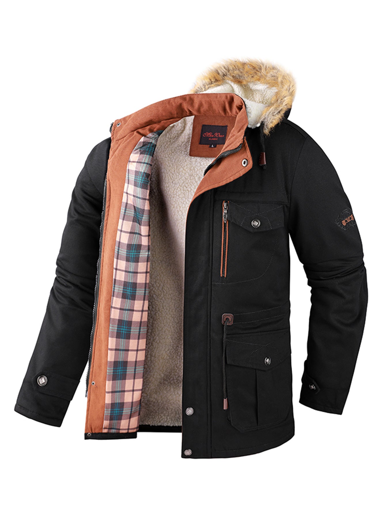 New Men's Fashion Warm And Thick Lamb Woolen Fleece Bomber Jacket Casual Tooling Zipper Hooded Windbreaker Jacket For Winter