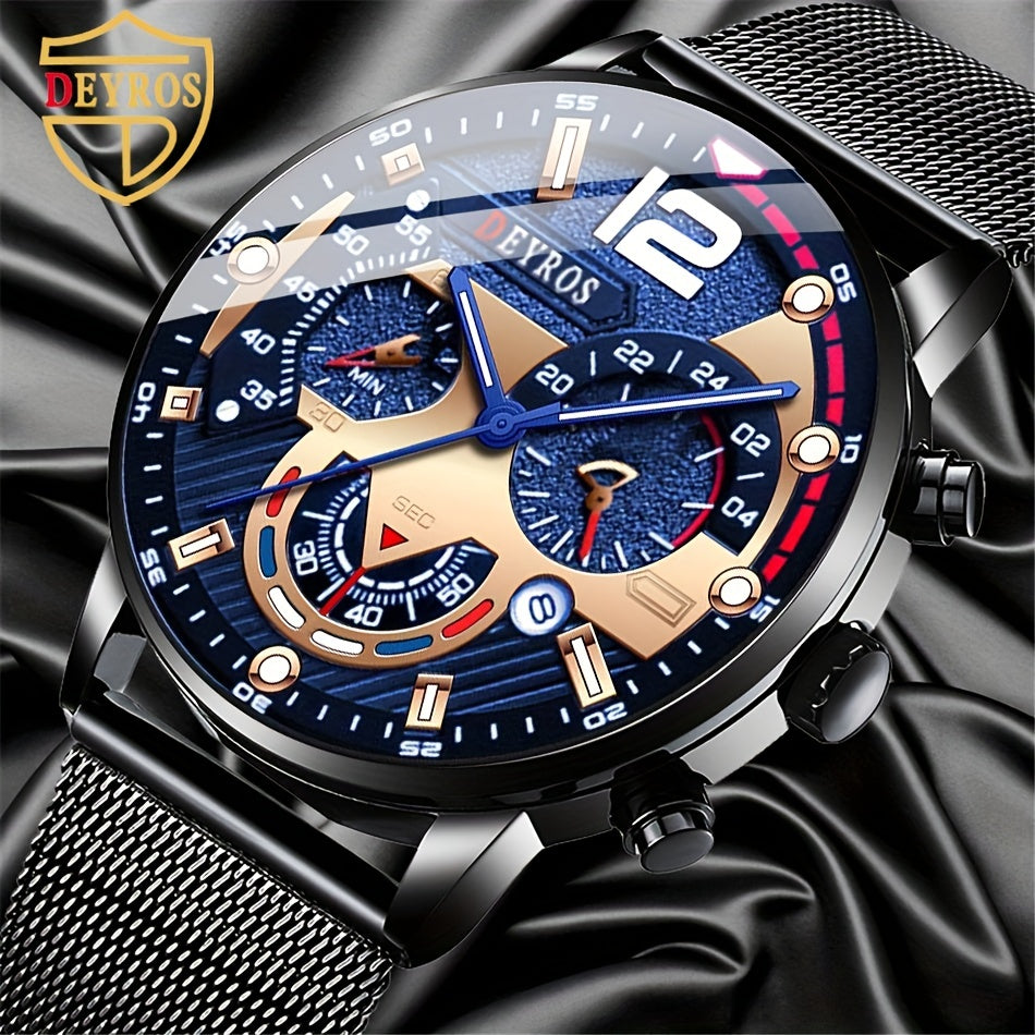 DEYROS Mens Elegant Quartz Watch – Sleek Mesh Strap, Date Display, for Business & Casual Wear