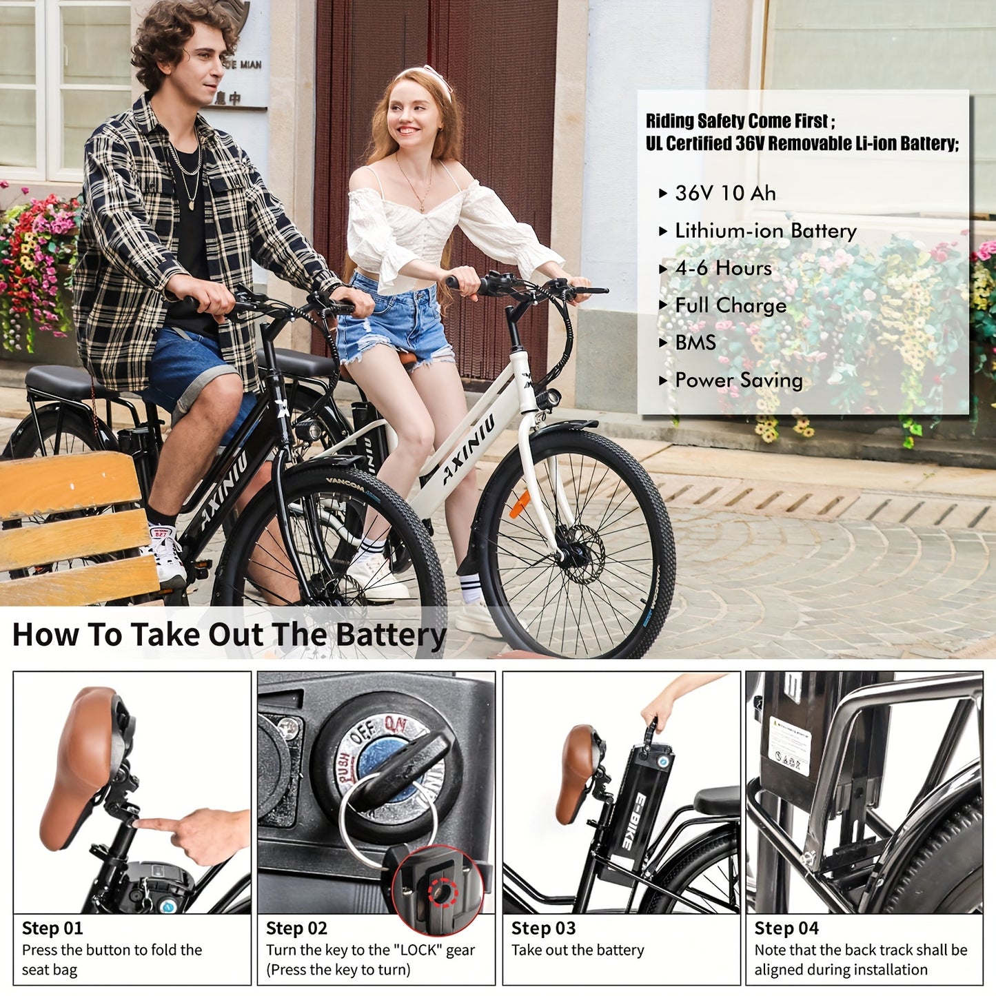 Adult Electric Bike, 26 Inch Step Through Ebike For Women Men, 350W Removable Battery, 7 Speed City Electric Cruiser Bikes, 22MPH 40Miles Commuter Electric Bicycle