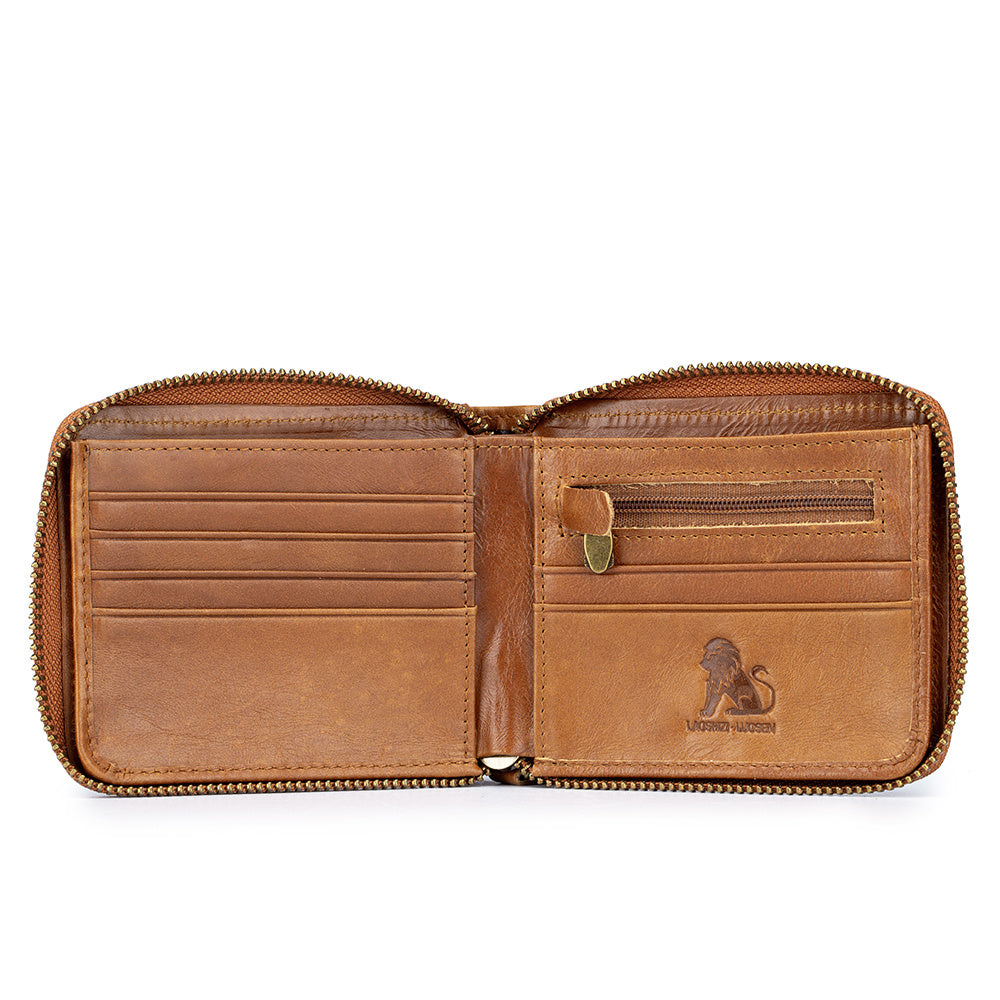 Men's Retro Genuine Leather Multi-Card Wallet with Zip, Large Capacity, Anti-Theft