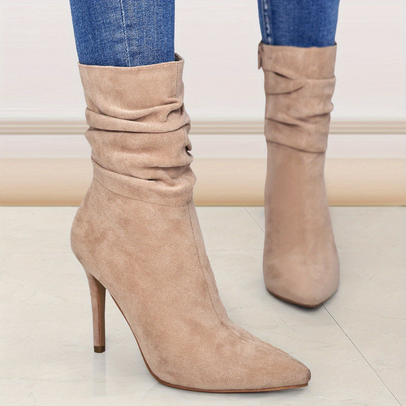 Ultrahigh Heel Stiletto Pointed Toe Slouchy Boots for Women - Zipper Closure, Soft Fabric Inner, PU Faux Leather Insole, Rubber Sole, Perfect for Dress Occasions - Solid Color, Flannel Upper, Comfortable and Stylish