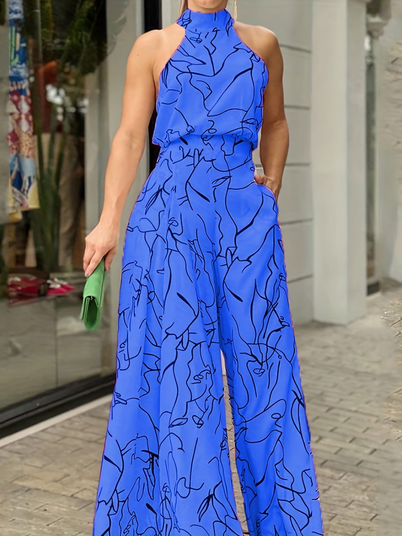 Elegant Waist Halter Jumpsuit, Casual Print Tie Sleeveless Waist Summer Wide Leg Long Pant Jumpsuit, Women's Clothing