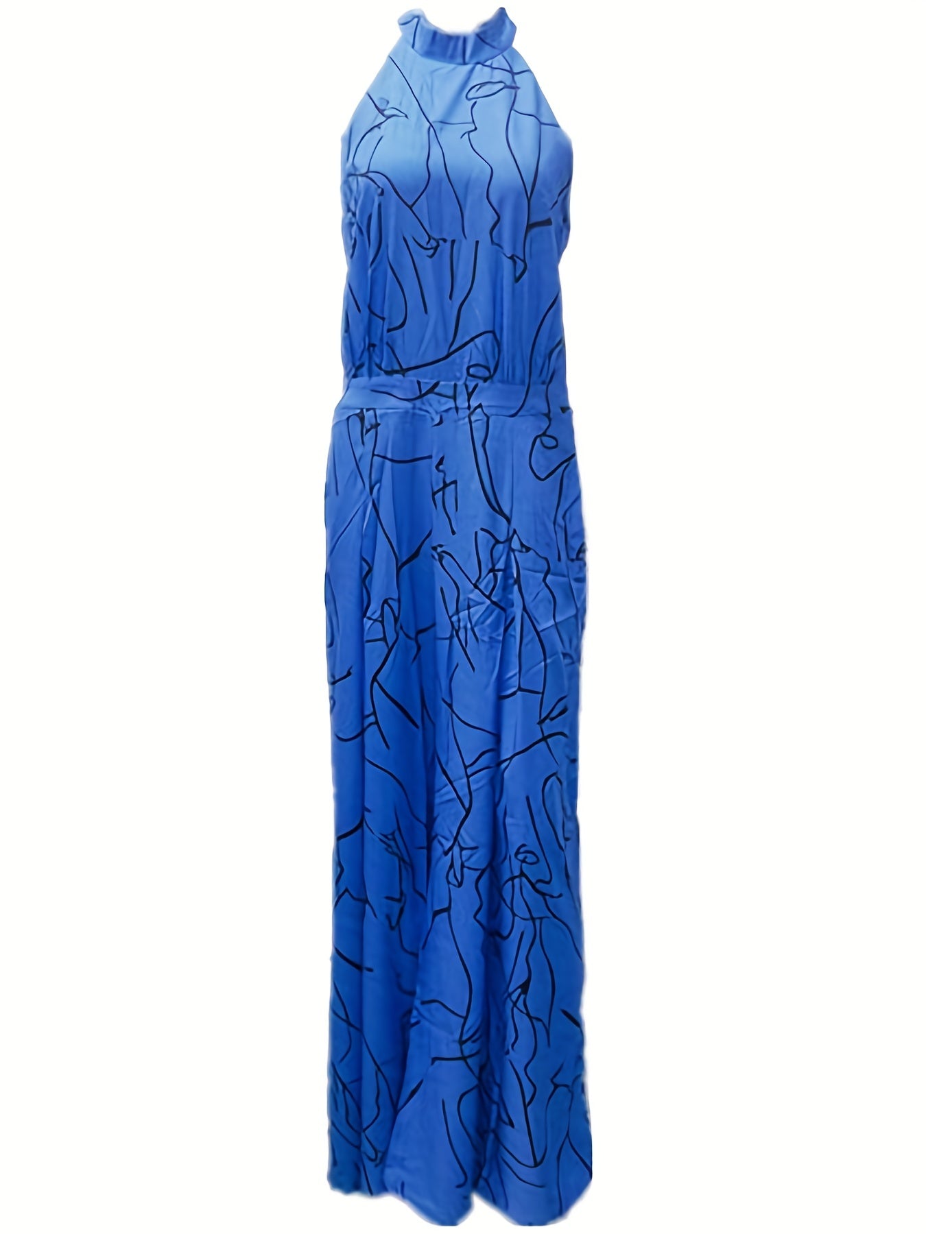 Elegant Waist Halter Jumpsuit, Casual Print Tie Sleeveless Waist Summer Wide Leg Long Pant Jumpsuit, Women's Clothing