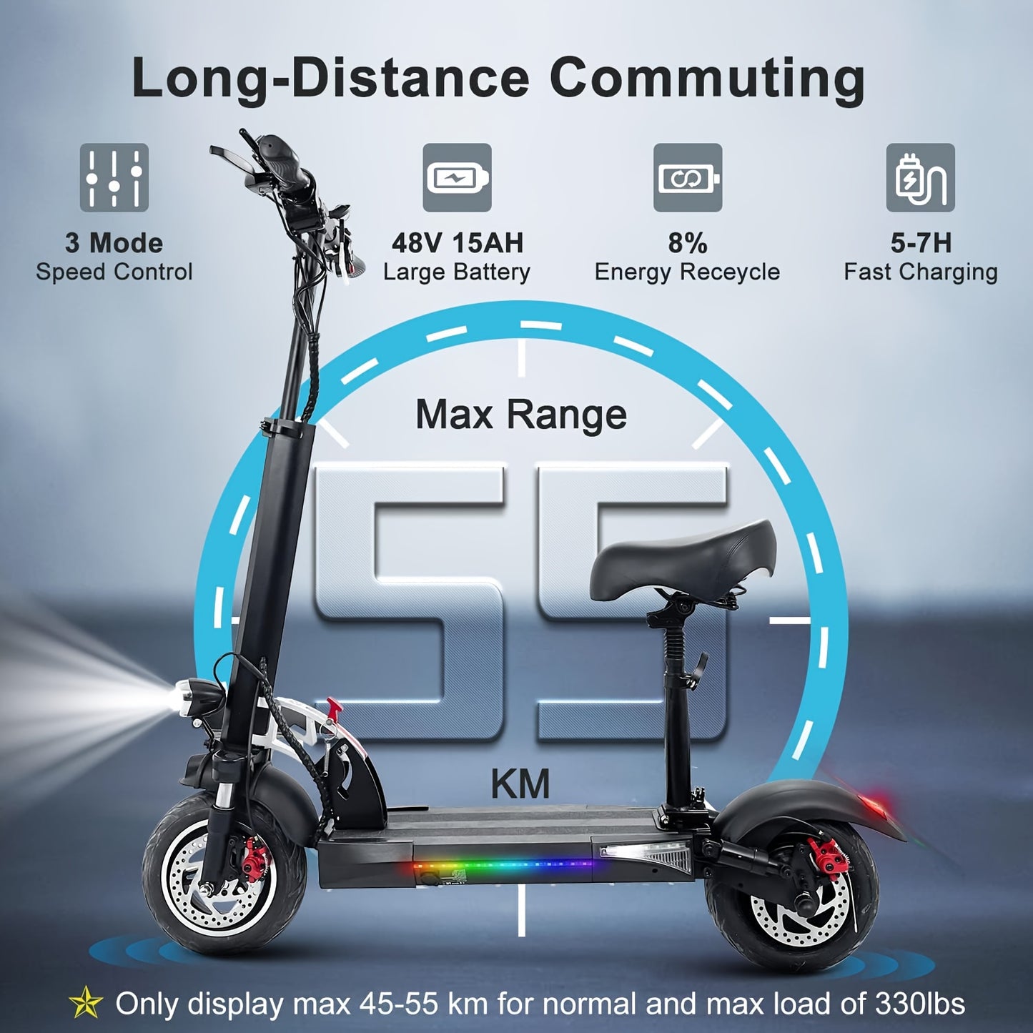 Electric Scooter Adults with Seat, 48v15a 10" Pneumatic Tires City Kick Scooter max 45-55 km max load of 330lbs Dual Brake & Suspension Foldable Commuter E-Scooter with Ambient Lights Halloween Gift