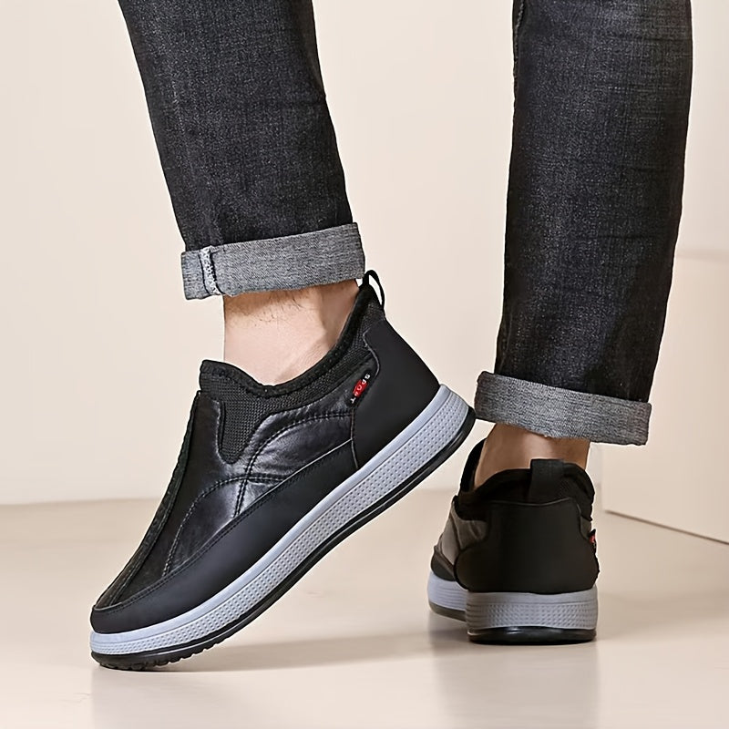 1 Pair Winter Warmth Men'S Shoes with Fleece Lining, Solid Color Slip-On Wool-Lined Dad Shoes, Casual Outdoor Footwear for Middle-Aged and Elderly, Round Toe PVC Sole, Microfiber Synthetic Upper, Fabric Inner & Insole