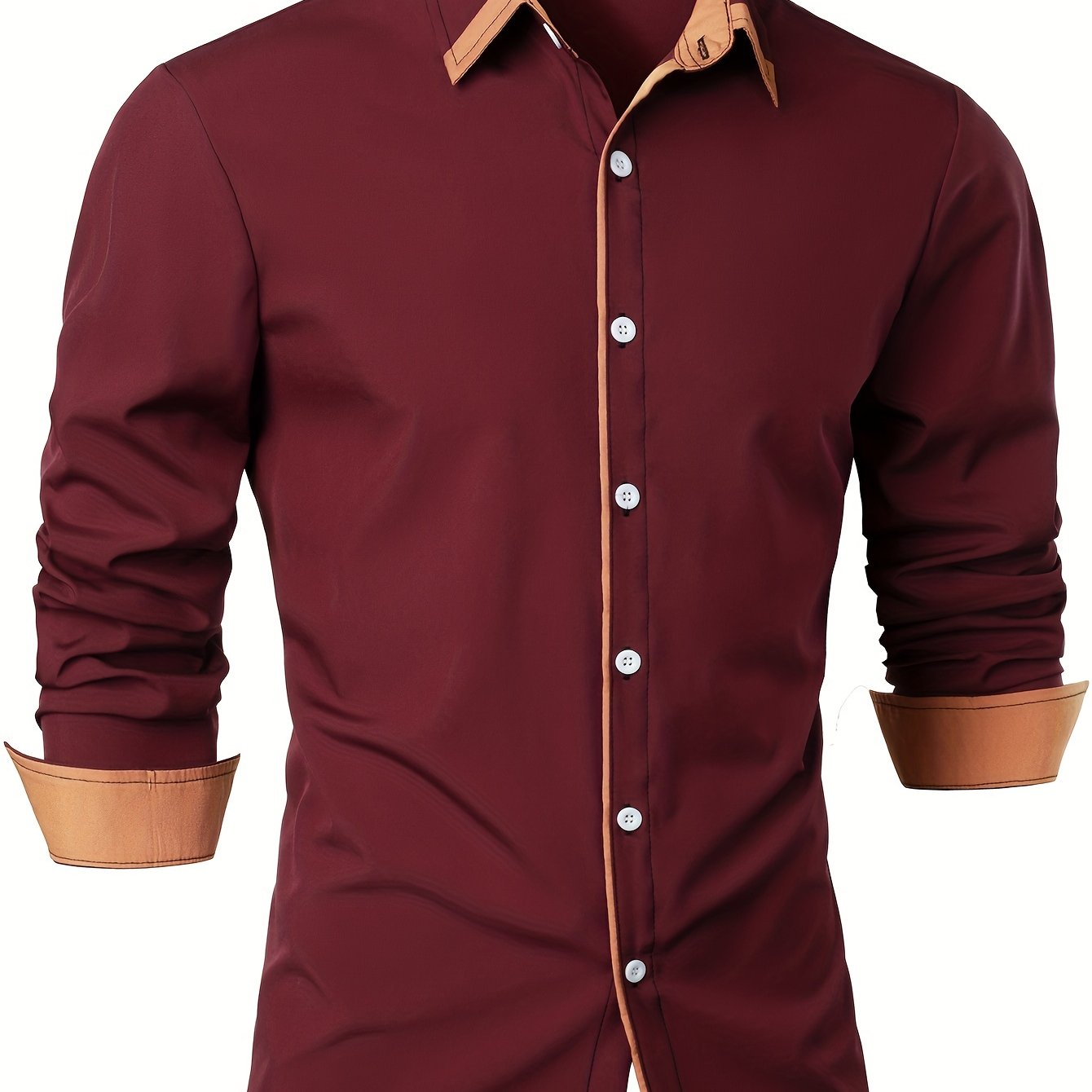 Mature Style Men's Casual Trim Contrast Button Long Sleeve Shirt, Spring Fall