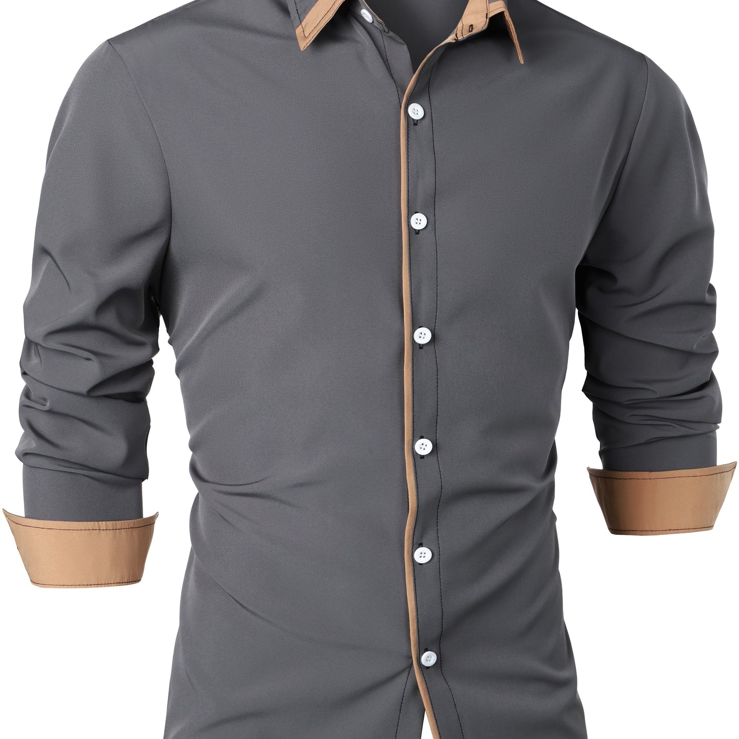 Mature Style Men's Casual Trim Contrast Button Long Sleeve Shirt, Spring Fall