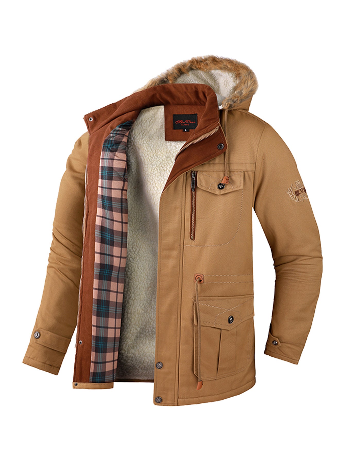 New Men's Fashion Warm And Thick Lamb Woolen Fleece Bomber Jacket Casual Tooling Zipper Hooded Windbreaker Jacket For Winter