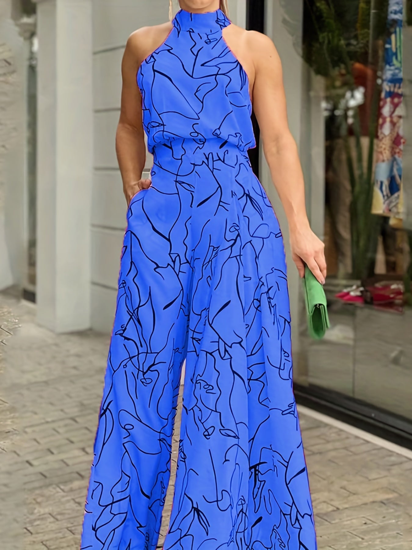 Elegant Waist Halter Jumpsuit, Casual Print Tie Sleeveless Waist Summer Wide Leg Long Pant Jumpsuit, Women's Clothing