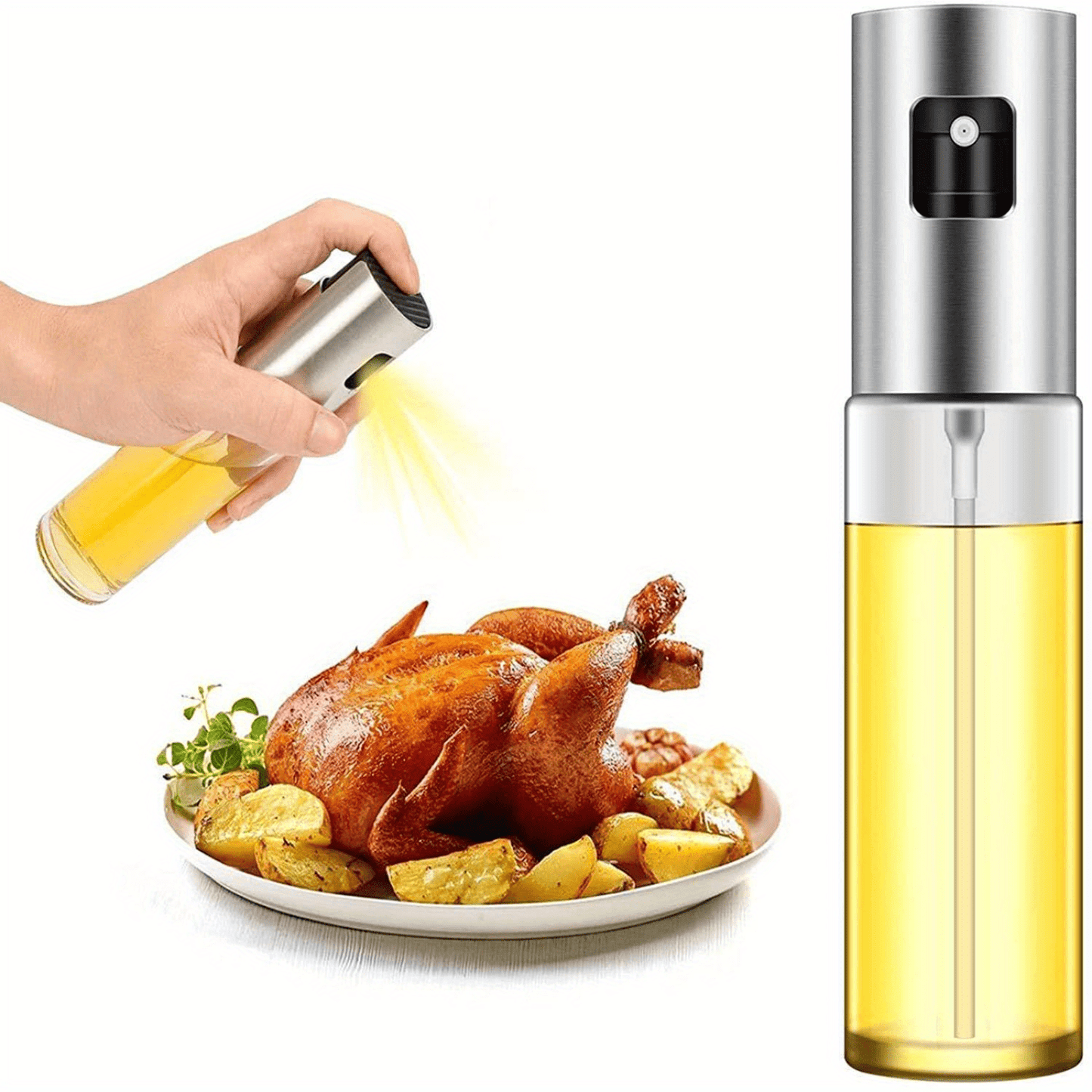 100ml Silver Grey Glass Olive Oil Sprayer Bottle - Effortless Cooking Oil Dispenser & Vinegar Bottle for Air Fryer, Kitchen, Cooking, Frying, Salad, Baking, BBQ - Durable, Easy-to-Use, and Space-Saving