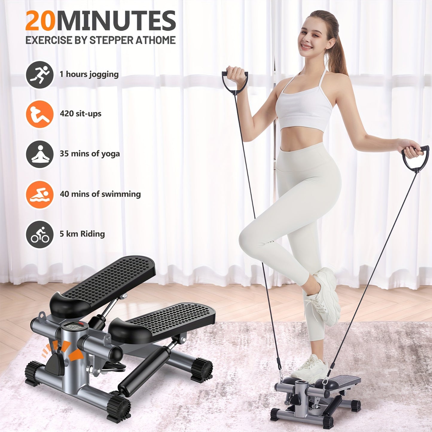 Mini Stair Stepper Exercise Machine with Resistance Bands, Tungsten Steel Hydraulic Twist Stepper, Mechanical Control, 300 lbs Capacity, Full Body Cardio Workout Fitness Equipment for Home Use