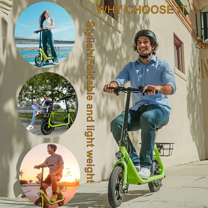 Electric Scooter for Adults - Foldable Scooter with Seat & Carry Basket - 450W Brushless Motor 36V - 15MPH 265lbs Max Load E Mopeds for Adults - Neon