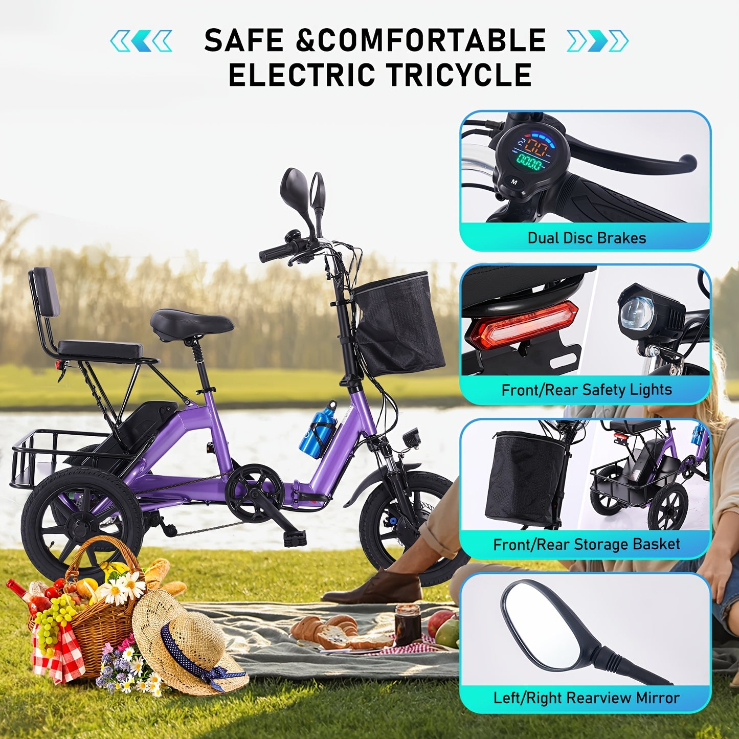 Electric Tricycle for Adults, 350W Folding Electric Trike, 3 Wheel Electric Bike with 480Wh Removable Battery, Ebike with Double Seat and Large Basket