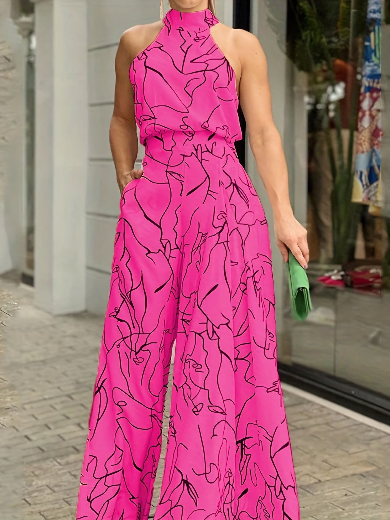 Elegant Waist Halter Jumpsuit, Casual Print Tie Sleeveless Waist Summer Wide Leg Long Pant Jumpsuit, Women's Clothing