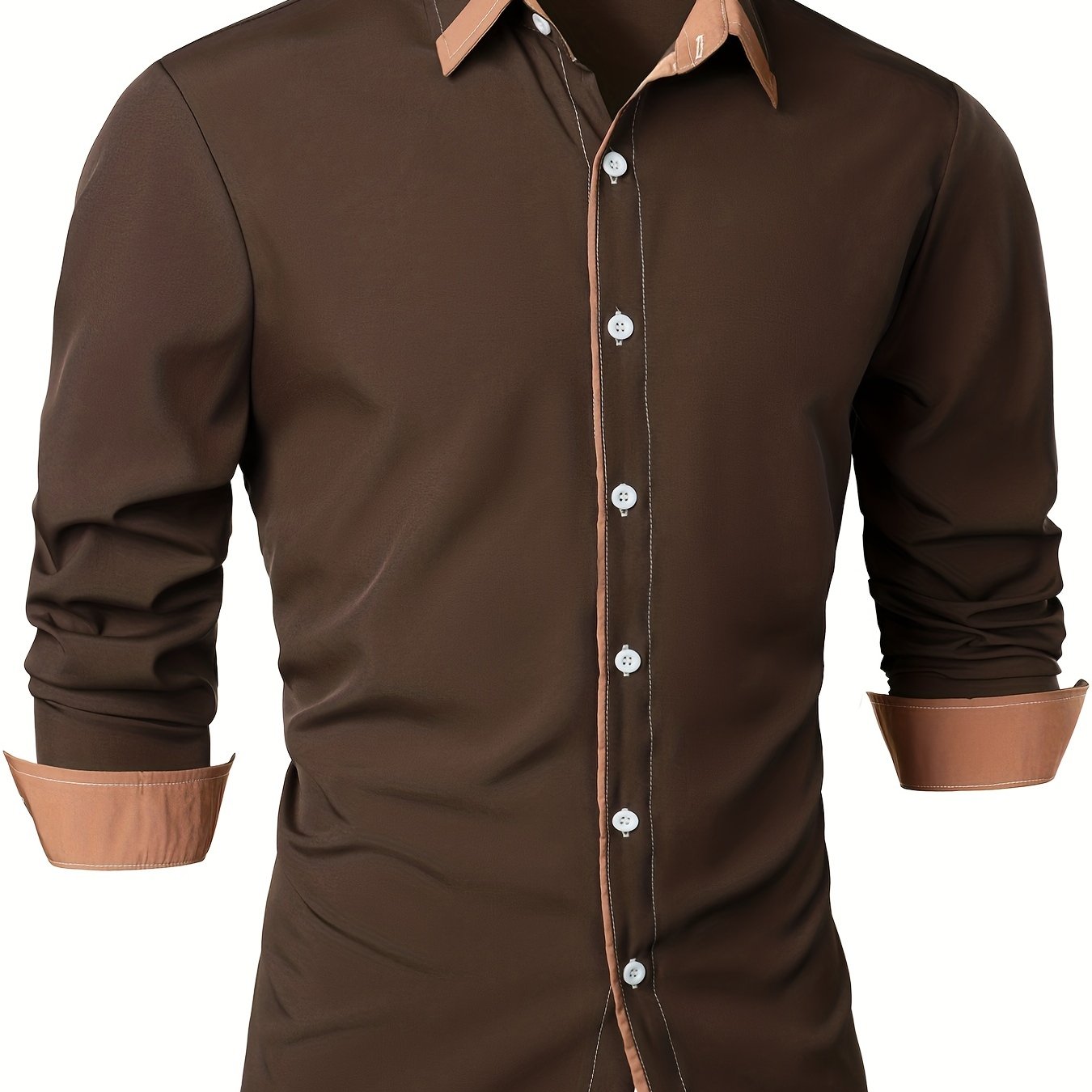 Mature Style Men's Casual Trim Contrast Button Long Sleeve Shirt, Spring Fall