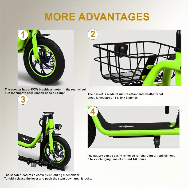 Electric Scooter for Adults - Foldable Scooter with Seat & Carry Basket - 450W Brushless Motor 36V - 15MPH 265lbs Max Load E Mopeds for Adults - Neon