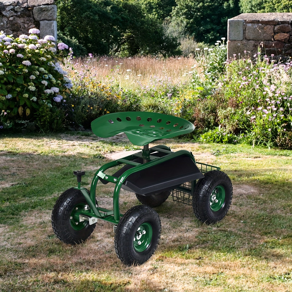 1pc Goplus Garden Cart Gardening Workseat W/Wheels, Patio Wagon Scooter For Planting, Work Seat With Tool Tray And Basket