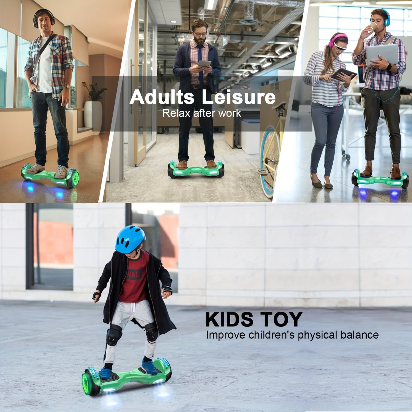 SISIGAD Hoverboard With Seat Attachment, 6.5 Inch Hoverboard Go Kart Combo, Self Balancing Electric Scooter With Wireless Speaker & LED Lights, Green + Graffiti