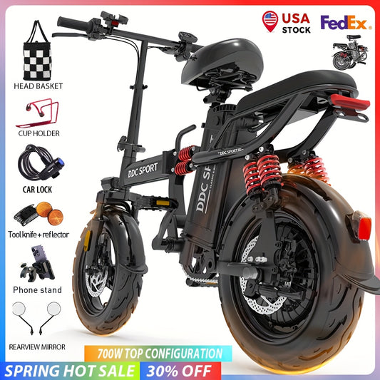 740W Peak Motor, 20 MPH Speed, 48V20Ah Lithium Battery, DDC M1 Electric Bike for Adults, Max Range 40 Miles, Cruise Control, 3-step Folding, 11 Shock, 14 Inch Tires, Commuting, Gifts for Youngster, School, Commuting, Weekend