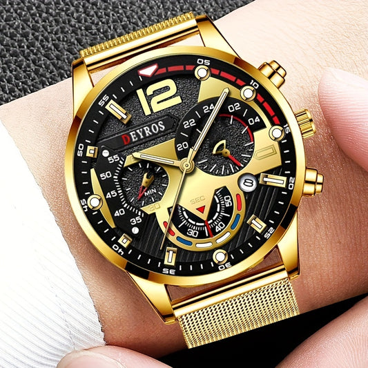 DEYROS Mens Elegant Quartz Watch – Sleek Mesh Strap, Date Display, for Business & Casual Wear