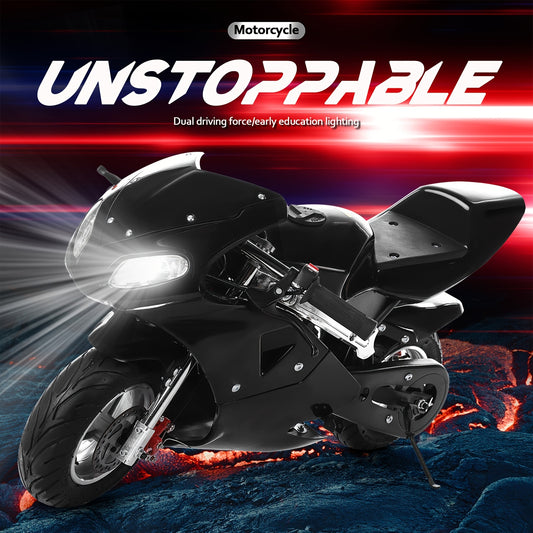 A 41.33* 23.62-inch 49cc mini two-stroke black scooter Mini Scooter, Mini Scooter, high brightness double headlights rubber handlebars black mini scooter powerful power 2 strokes