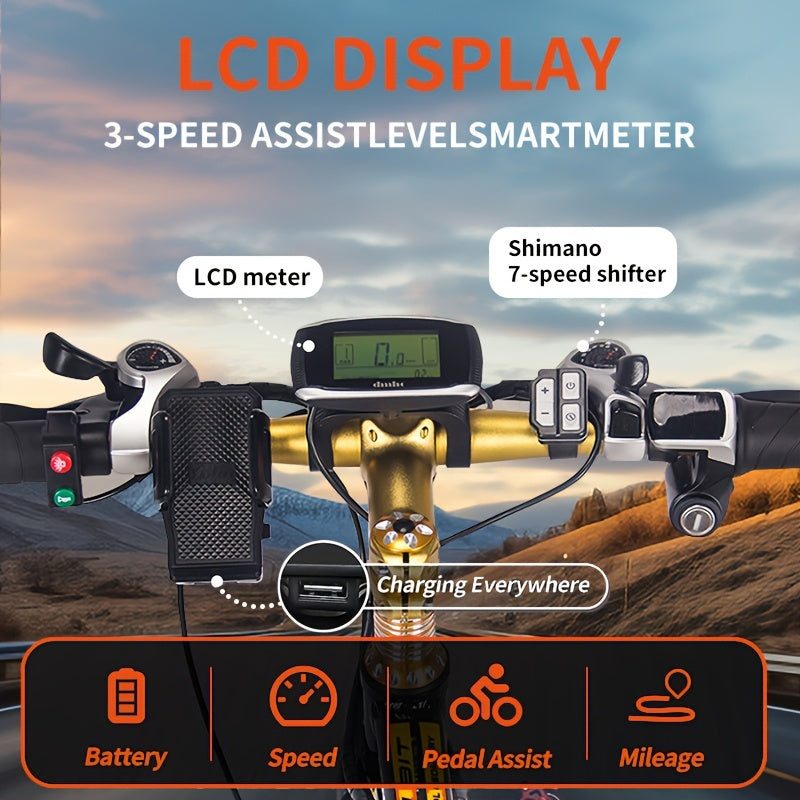 Electric Bike, 48V12.5A, 720W Brushless Motor, 7 Speed, Double Disc Brake, Use Snow, Road, Mountain Electric Bike 26*4 Fat Tire With LCD Screen, Mountain Bike