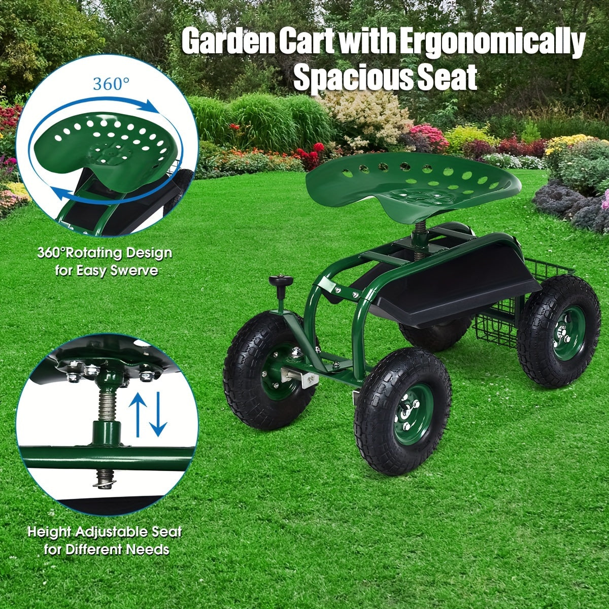 1pc Goplus Garden Cart Gardening Workseat W/Wheels, Patio Wagon Scooter For Planting, Work Seat With Tool Tray And Basket