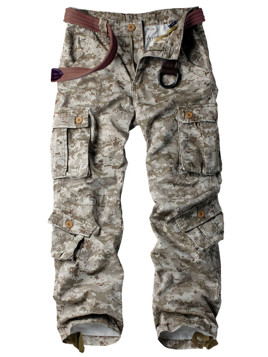 Men's Solid Cotton Camouflage Cargo Pants with Multiple Pockets Straight Leg Loose Fit Casual Outdoor Workwear for Hiking Fishing