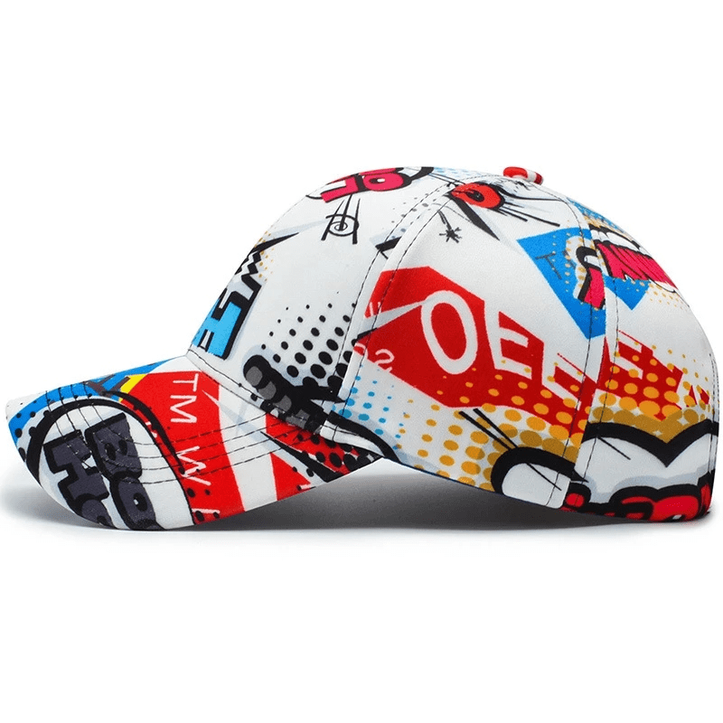 Vibrant Cartoon Graffiti Print Hip Hop Baseball Cap - Ultra-Breathable White Sports Hat for Men & Women - Adjustable Unisex Dad Hat for Casual Style