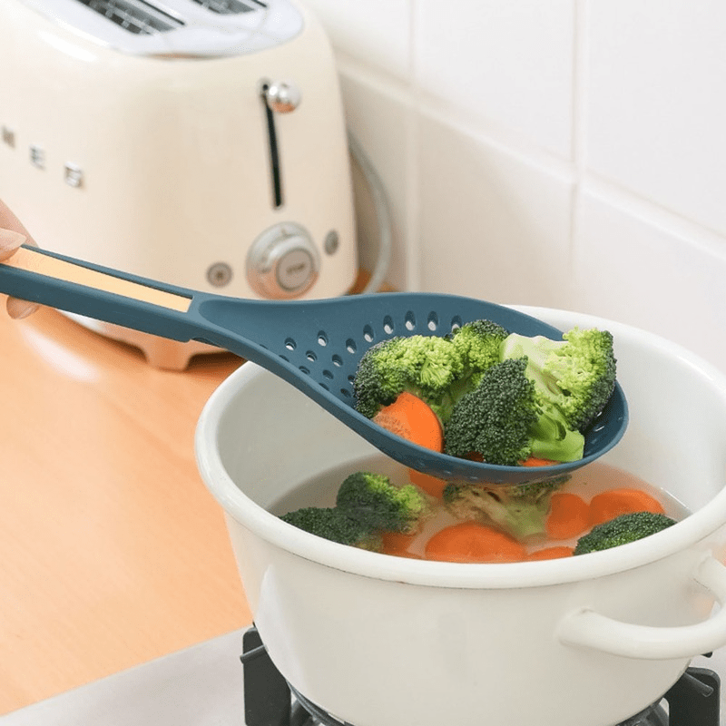 1pc Premium 2-in-1 Cooking Spoon Strainer - Long Handle Colander with Clip for Easy Widen Draining, Noodles Blanched Water Scoop, Space-Saving Kitchen Utensils for Cooking and Serving