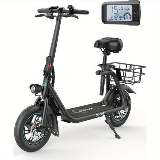 450W Electric Scooter with Seat for Adult, 12 inch Commuter Electric Scooter with Basket - up to 21 Miles 15.5MPH