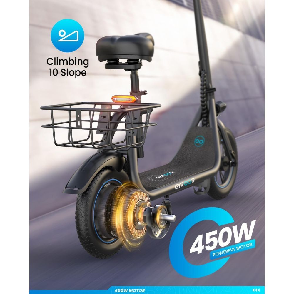 450W Electric Scooter with Seat for Adult, 12 inch Commuter Electric Scooter with Basket - up to 21 Miles 15.5MPH
