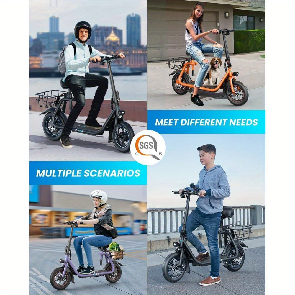 450W Electric Scooter with Seat for Adult, 12 inch Commuter Electric Scooter with Basket - up to 21 Miles 15.5MPH