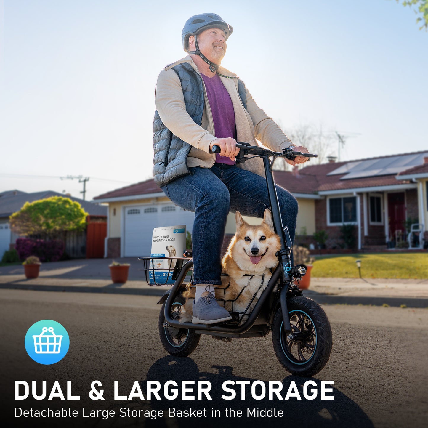 550W Electric Scooter with Basket for Dogs, 20-Mile Range, Speed up to 18.6MPH, Ample Storage for Pets & Cargo