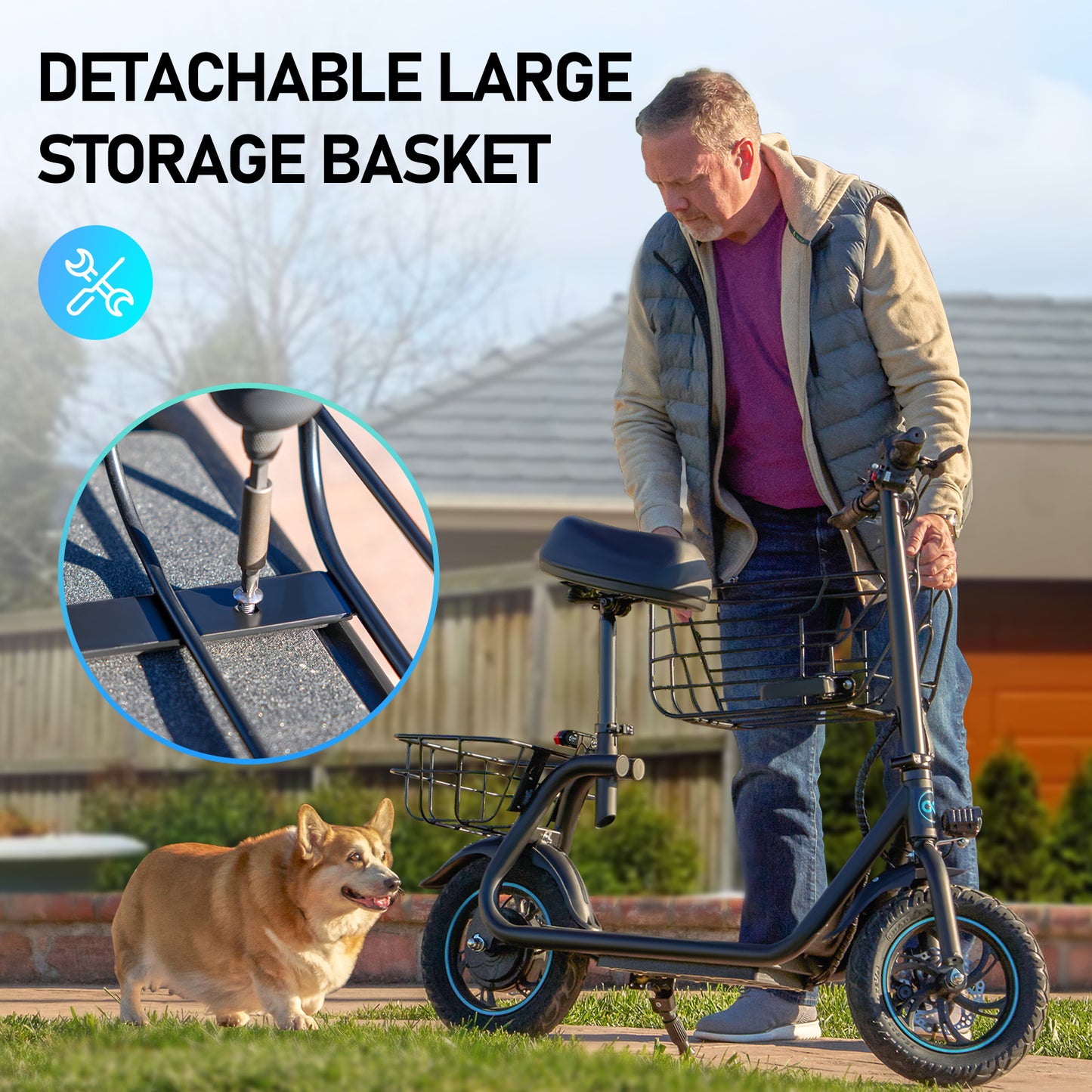 550W Electric Scooter with Basket for Dogs, 20-Mile Range, Speed up to 18.6MPH, Ample Storage for Pets & Cargo