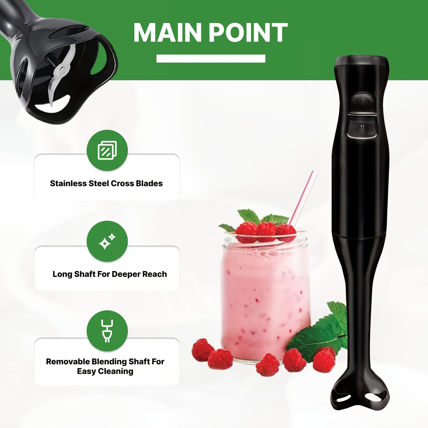 Electric Immersion Hand Blender(Black), Mixer, Chopper, Powerful 180 Watt Ice Crushing 2-Speed Control One Hand Mixer, Removable Blending Stick For Easy Cleaning For Purees, Smoothies, Shakes, Ivory, Soups, Sauces, Baby Food,