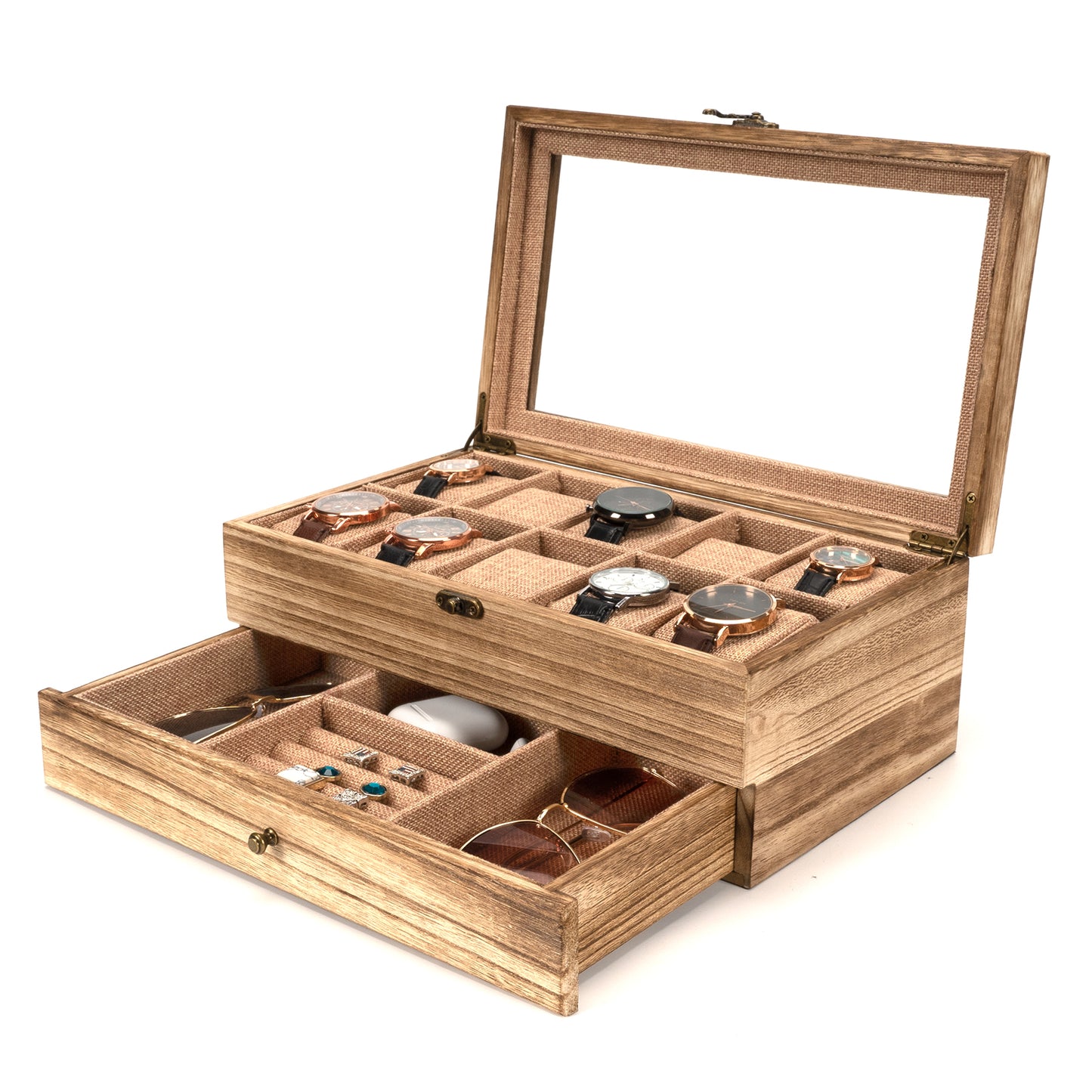 10-Slot Rustic Brown Wooden Watch Box - Large Capacity Watch Case for Men and Women, Display Organizer with Soft Velvet Interior, Perfect Gift for Boyfriend, Fathers Day, Birthday, and Anniversary