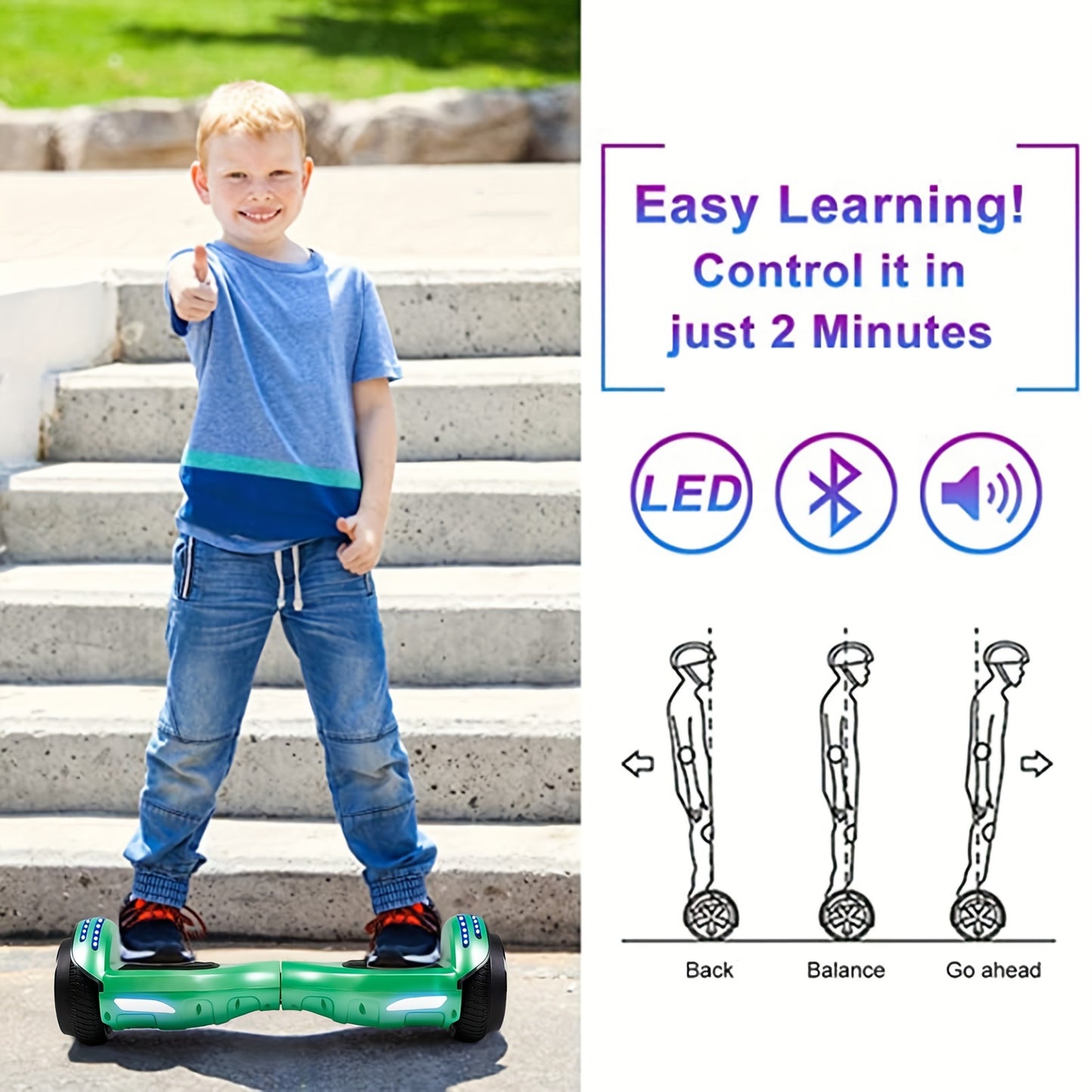 SISIGAD 6.5'' Hoverboard, Wireless Hover board with Clolorful LED Lights, Self Balancing Electric Scooter for Adults, Green & Tunnel 4 Color Light-emitting Motor