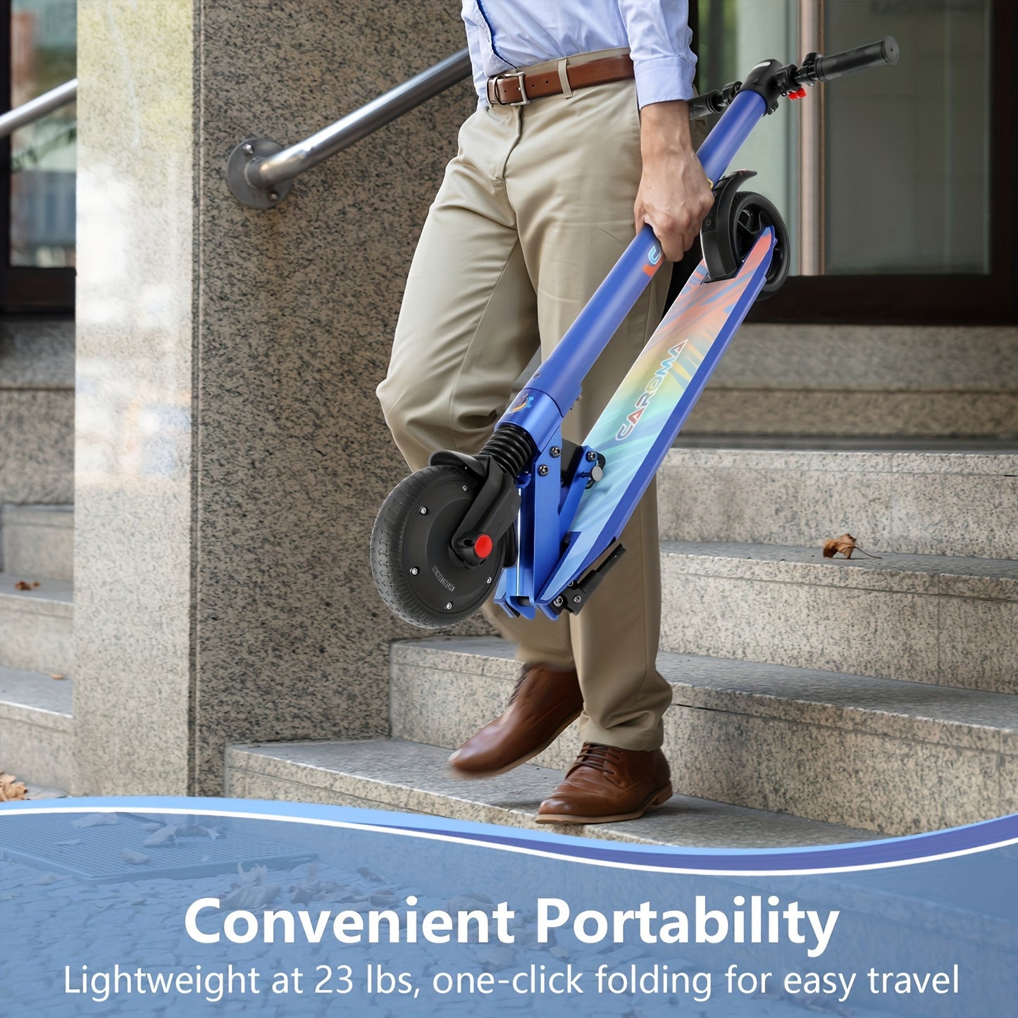 250W CAROMA Foldable Electric Scooter for Adults - 15.5 MPH Top Speed, 15.5 Mi Range, 220 Lbs Max Load, Safe Electronic Brake System, Portable & Durable Aluminum Alloy, Black with Colorful Accents - Ideal for Commuting
