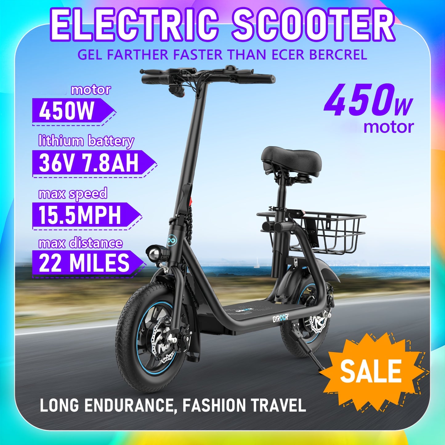 Electric Scooter with Seat for Adults, 550W Powerful Motor, 20-Mile Range, Speed up to 18.6MPH, Ample Storage for Pets & Cargo