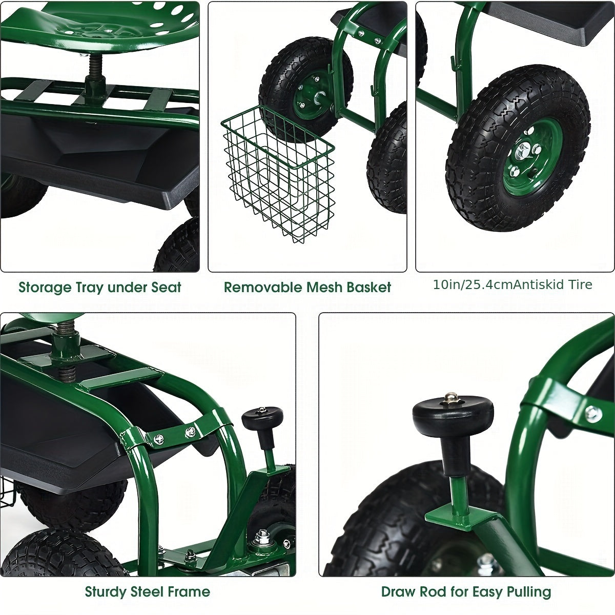 1pc Goplus Garden Cart Gardening Workseat W/Wheels, Patio Wagon Scooter For Planting, Work Seat With Tool Tray And Basket