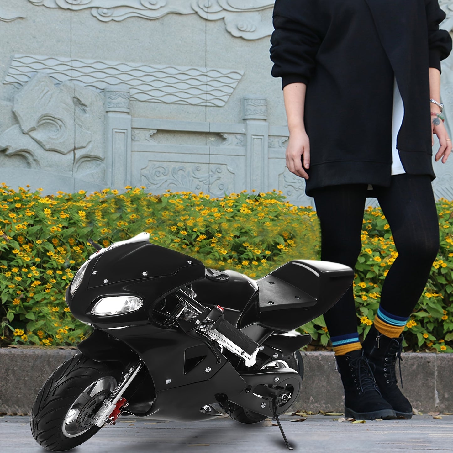 A 41.33* 23.62-inch 49cc mini two-stroke black scooter Mini Scooter, Mini Scooter, high brightness double headlights rubber handlebars black mini scooter powerful power 2 strokes
