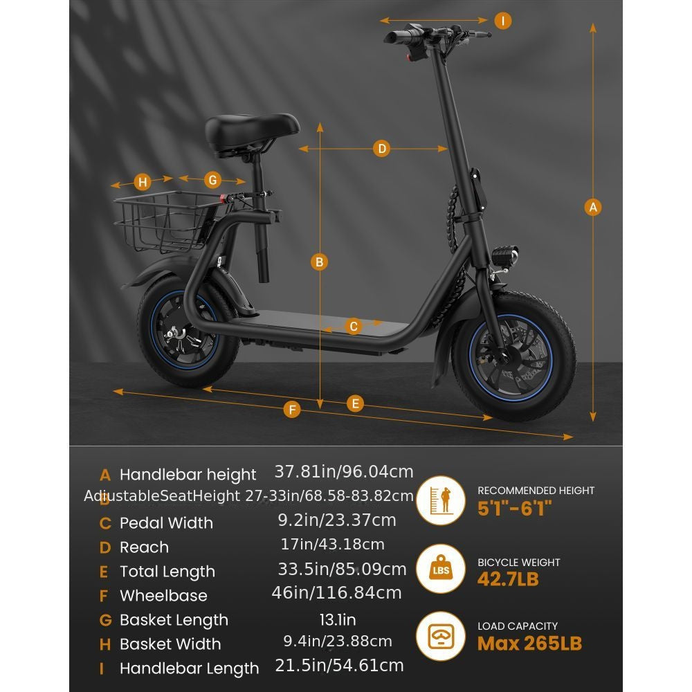 450W Electric Scooter with Seat for Adult, 12 inch Commuter Electric Scooter with Basket - up to 21 Miles 15.5MPH