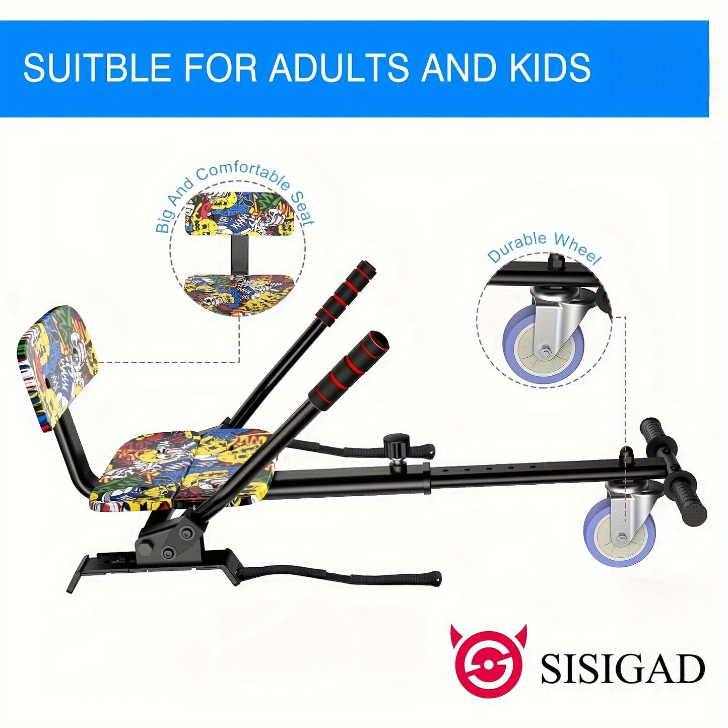 SISIGAD Hoverboard With Seat Attachment, 6.5 Inch Hoverboard Go Kart Combo, Self Balancing Electric Scooter With Wireless Speaker & LED Lights, Green + Graffiti
