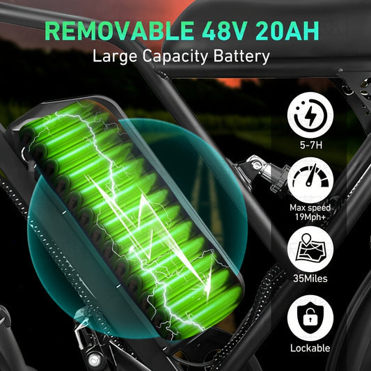 V9-G60 Electric Bike, 48V 20Ah Removable Battery 20" Fat Tire Electric Bike, 740W Motor 19MPH Top Speed Electric Motorcycle, 7 Speed Dual Disc/Hydraulic Brake E Bikes