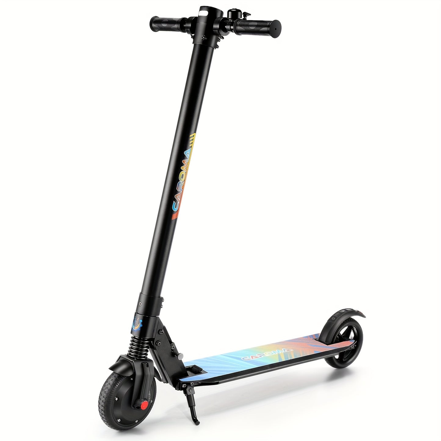 250W CAROMA Foldable Electric Scooter for Adults - 15.5 MPH Top Speed, 15.5 Mi Range, 220 Lbs Max Load, Safe Electronic Brake System, Portable & Durable Aluminum Alloy, Black with Colorful Accents - Ideal for Commuting