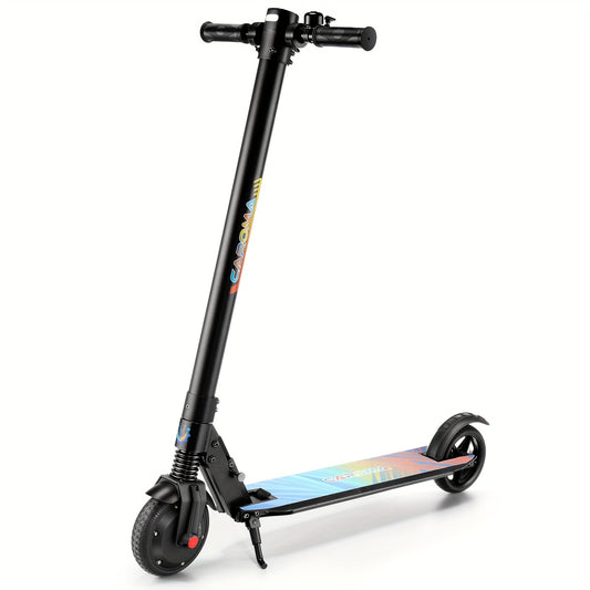 250W CAROMA Foldable Electric Scooter for Adults - 15.5 MPH Top Speed, 15.5 Mi Range, 220 Lbs Max Load, Safe Electronic Brake System, Portable & Durable Aluminum Alloy, Black with Colorful Accents - Ideal for Commuting